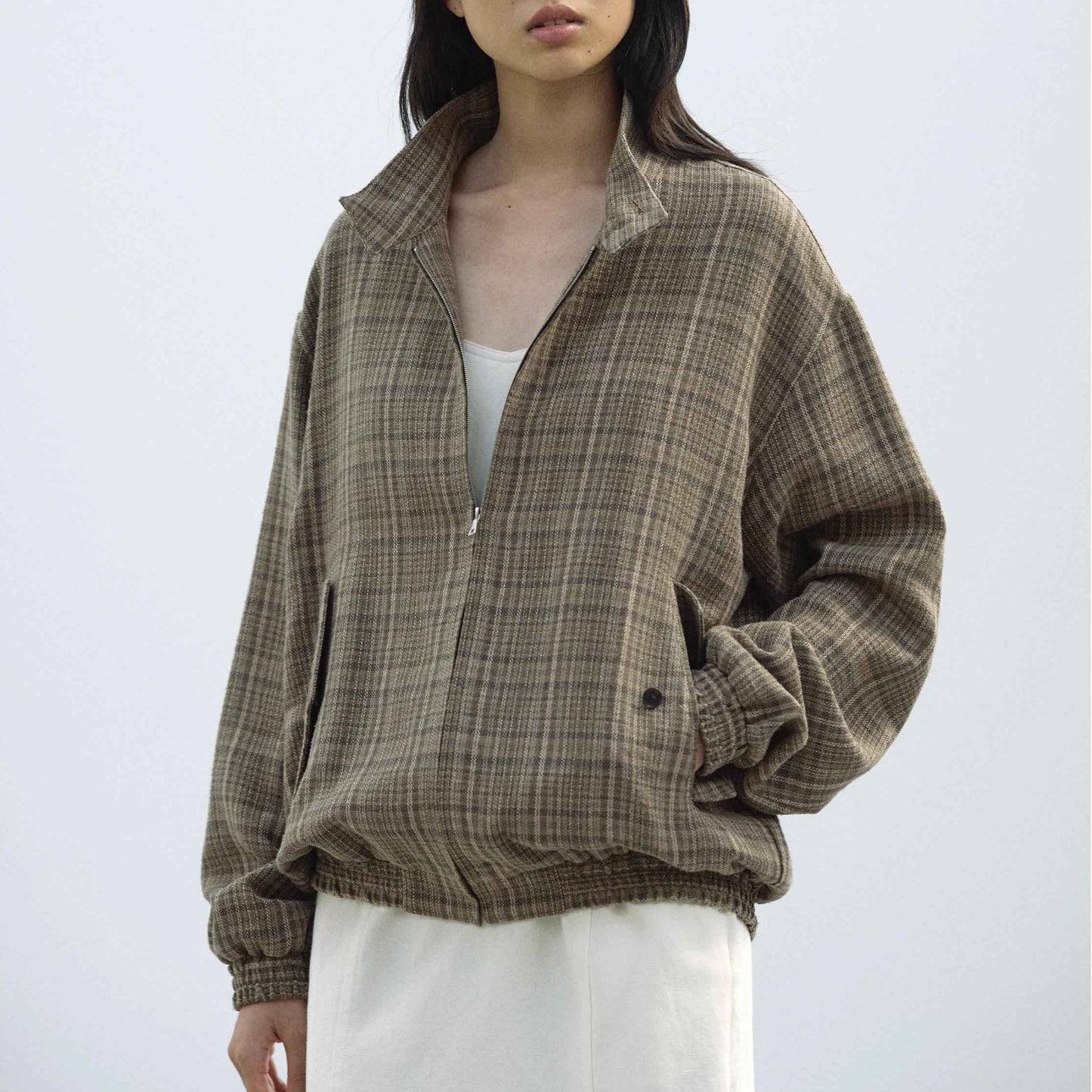 AURALEE/SILK LINEN NEP CHECK ZIP BLOUSON