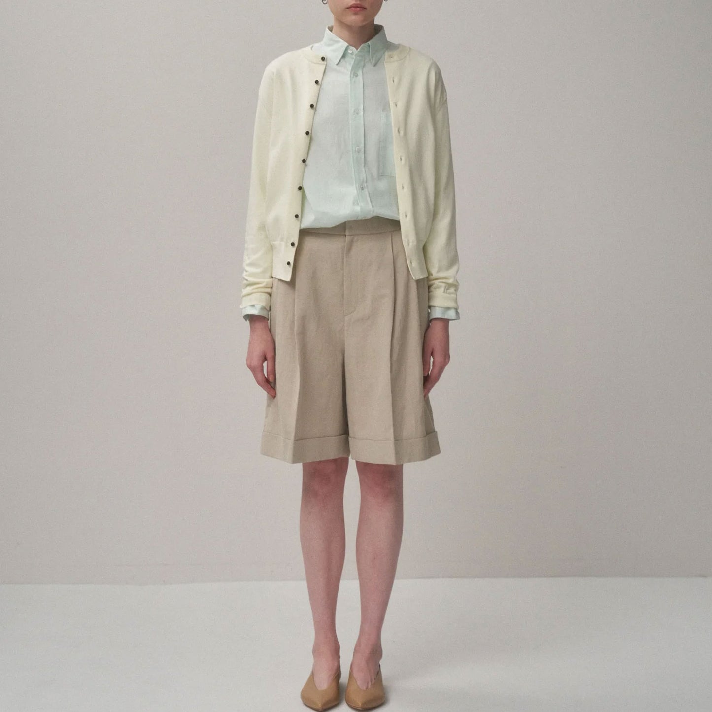 ATON|ROUND COTTON LINEN WIDE SHORTS